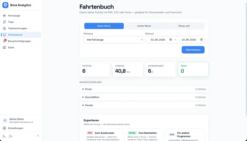 Fahrtenbuch mit Export für das Finanzamt