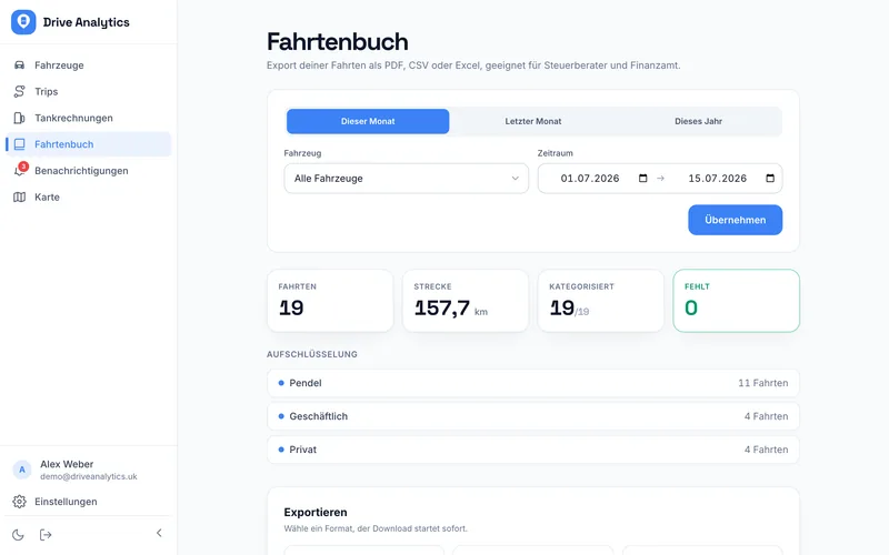 Fahrtenbuch mit Export für das Finanzamt