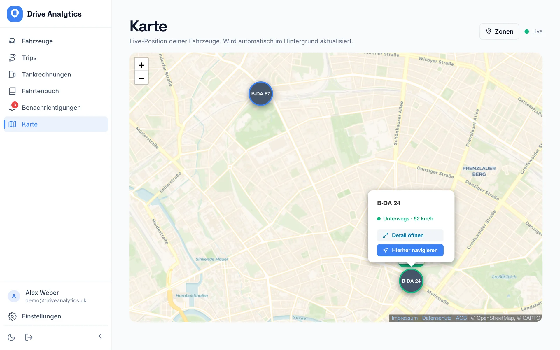 Live-Karte mit Fahrzeugposition